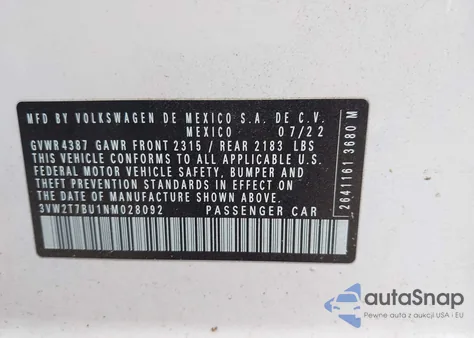 2022 Volkswagen Jetta Gli 2.0T Autobahn from USA, damaged, VIN 3VW2T7BU1NM028092